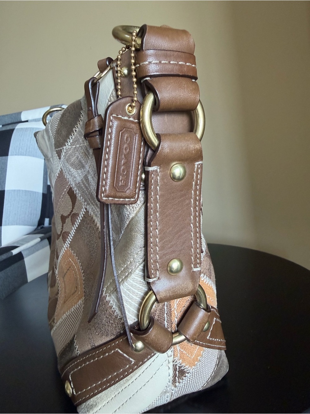 Coach Carly Patchwork Leather-Trim Shoulder Bag in Brown and Tan - Picture 8 of 12
